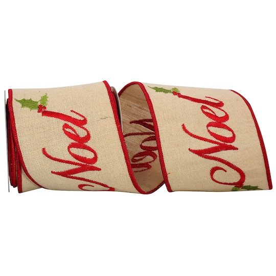 Reliant 4" x 5yd. Hopsack Embroidered Noel Natural Wired Ribbon